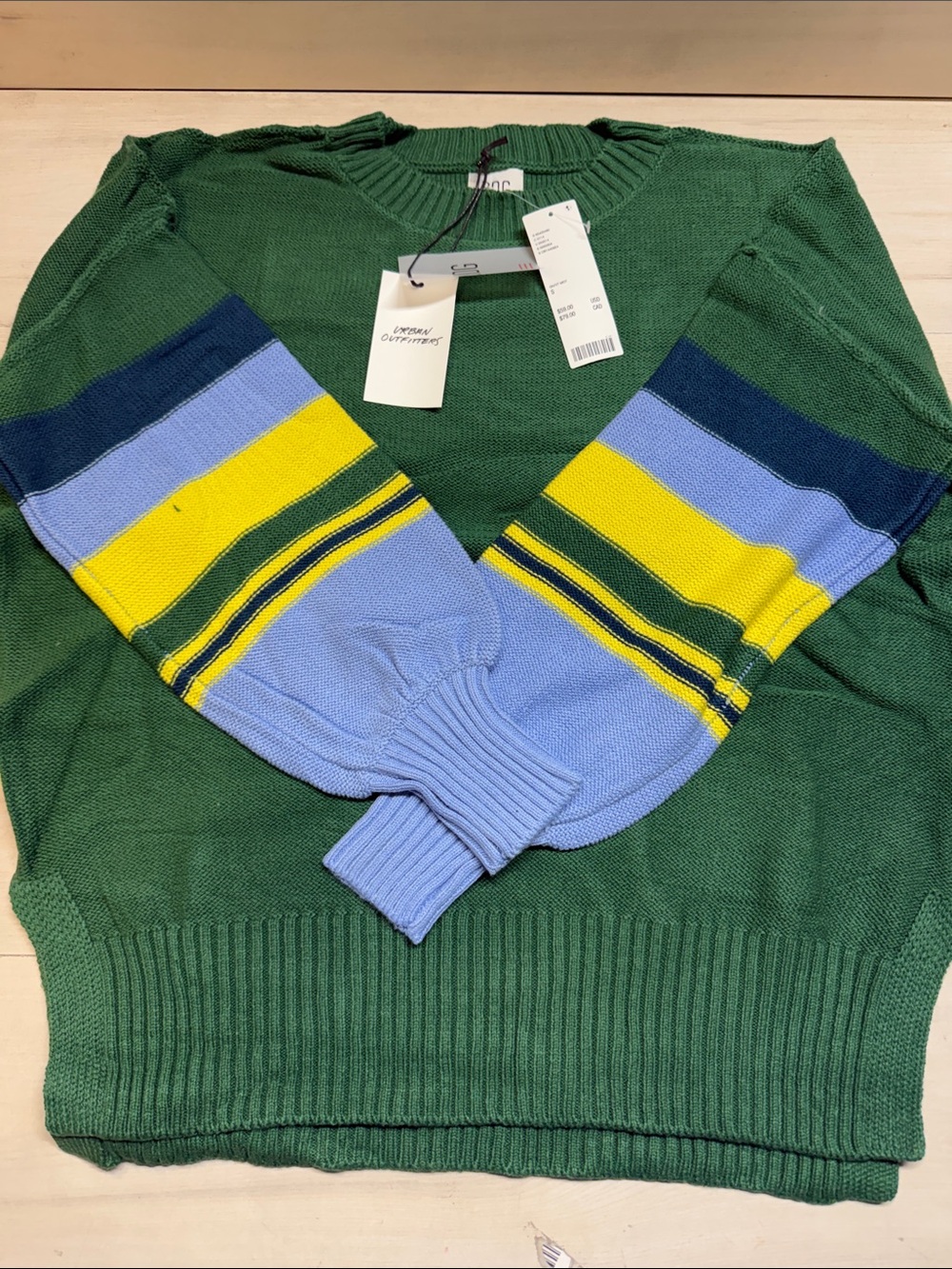 BDG Green Crewneck Sweater with Blue and Yellow Striped Sleeves